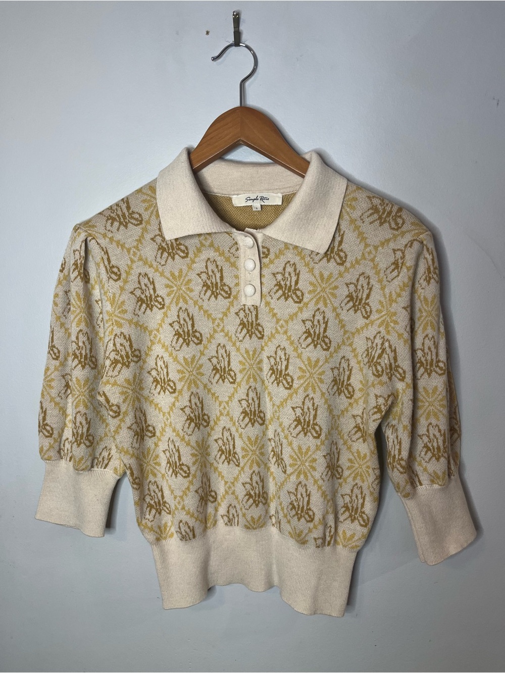 Simple Retro Floral Contrast Short Sleeve Cropped Sweater